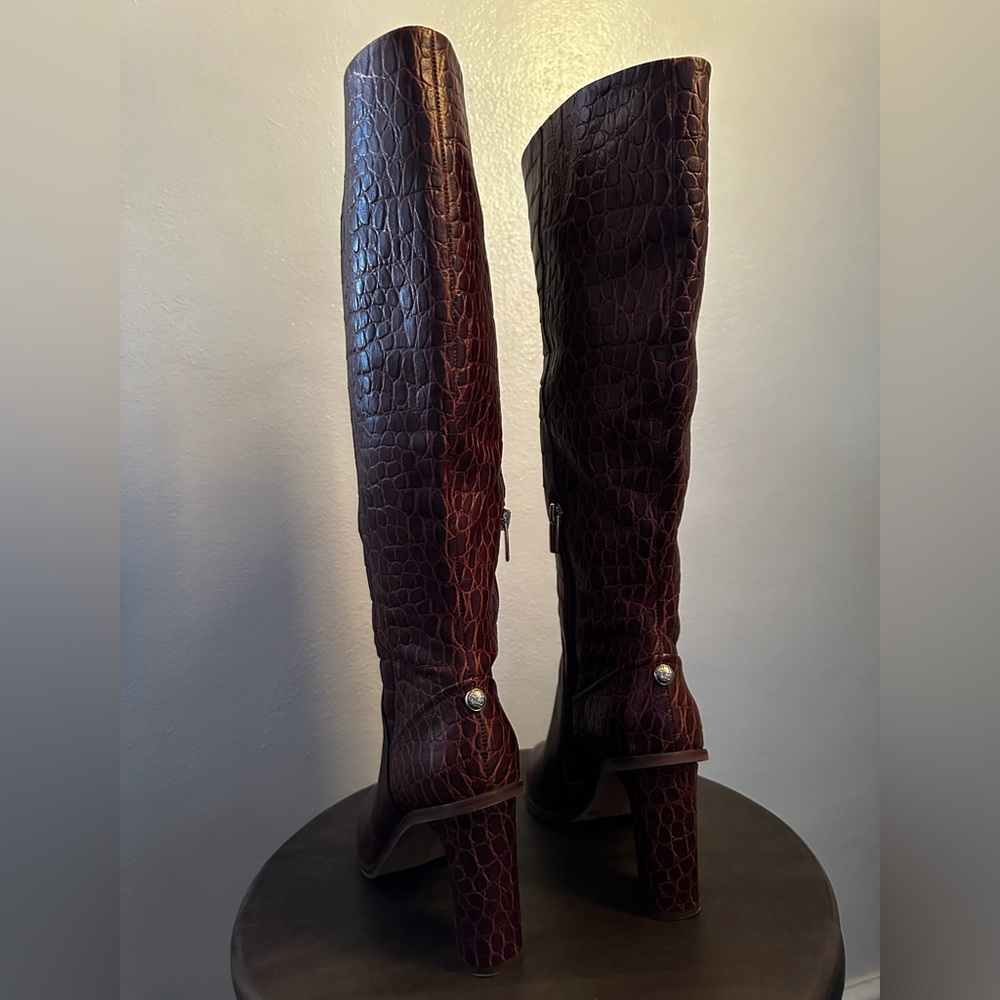 Vince Camuto Dark Brown Croc-Embossed Knee Boots - Picture 2 of 5